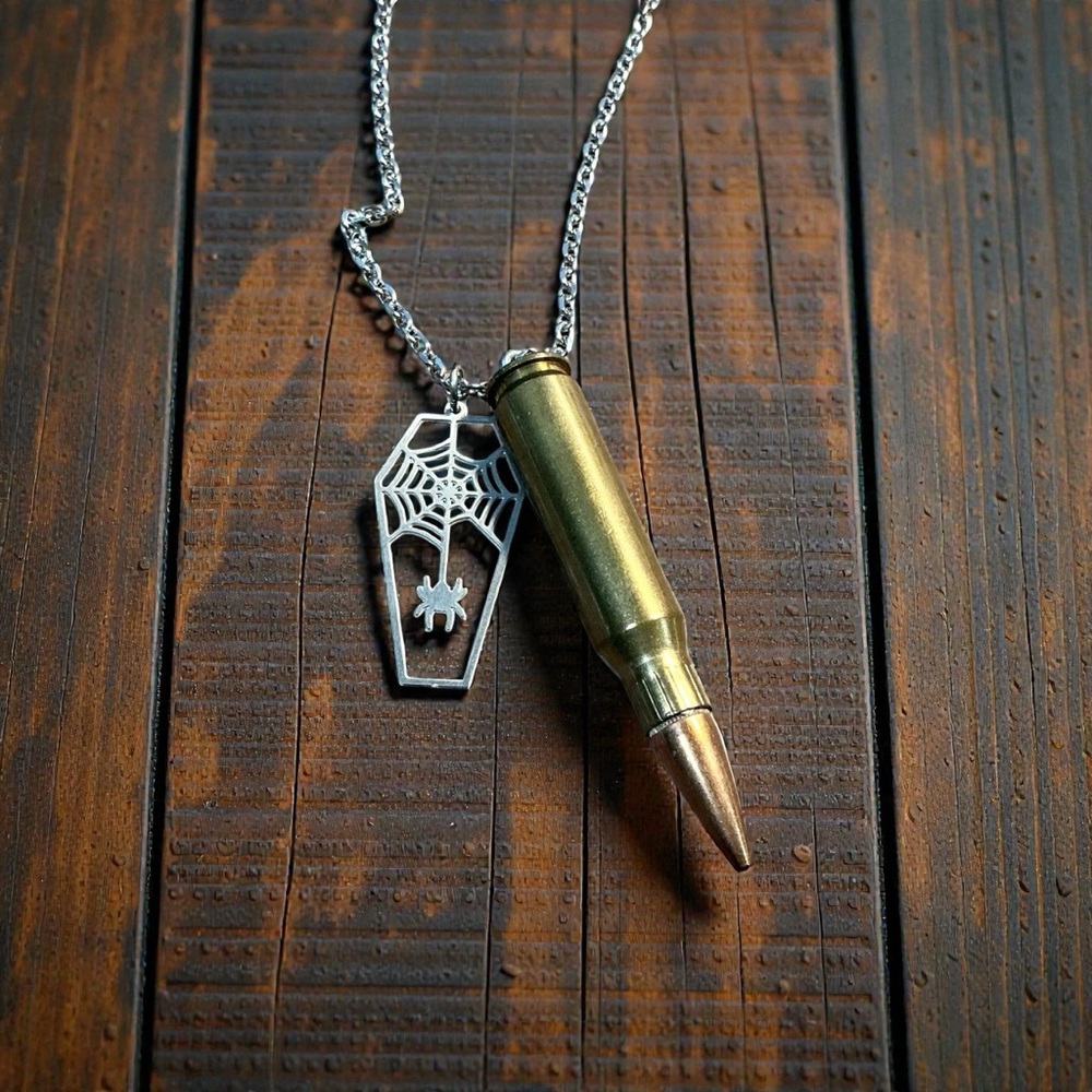🆕 308 Winchester with Spider and Web on a Coffin Pendant Necklace